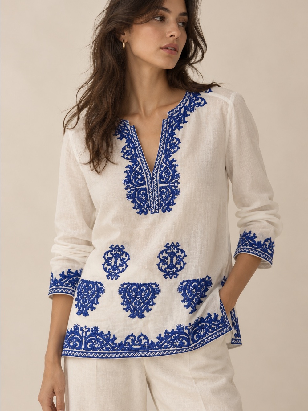 Michael Kors White Tunic with Royal Blue Embroidered Detailing Size Small